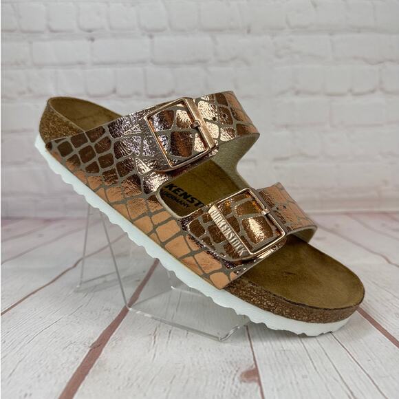 Birkenstock Arizona Gator Gleam Two Strap Copper Sandals Mens Sz 4/Women’s Sz 6 - Picture 1 of 9